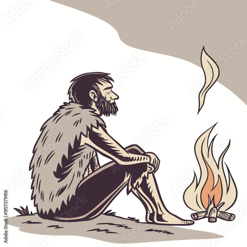 A caveman sitting by a campfire on a looking contemplative and relaxed in a fur loincloth