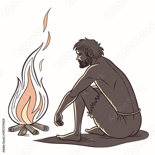 Caveman sitting by a campfire in a primitive outdoor setting