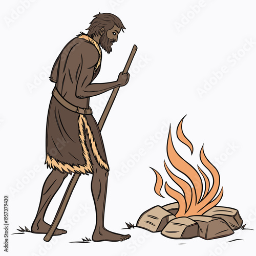 A caveman in a brown fur loincloth starting a fire with a stick on a pile of rocks