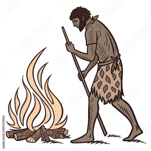Ancient caveman adding wood to a campfire