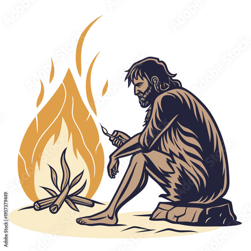A caveman sitting by a campfire, looking at a piece of wood