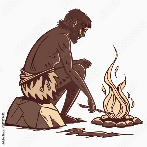 Caveman sitting by a campfire cooking meat with a spear