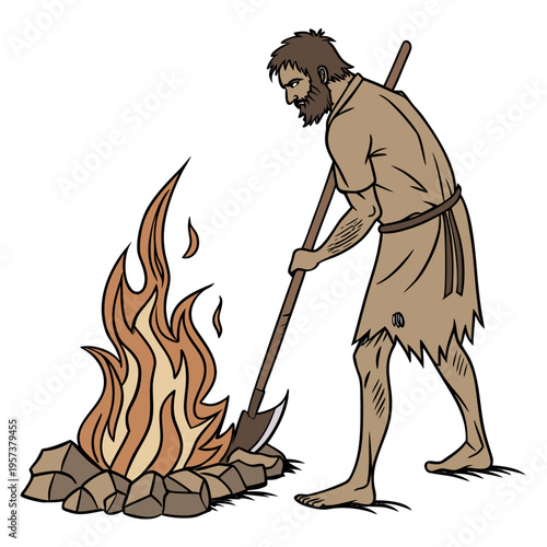 A caveman adding wood to a fire with a stick