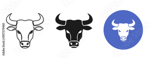 Black and white ox head illustrations and blue circle emblem