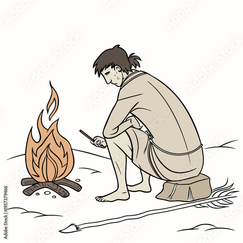 A cartoon man sitting by a campfire, roasting a piece of food on a stick in a primitive setting