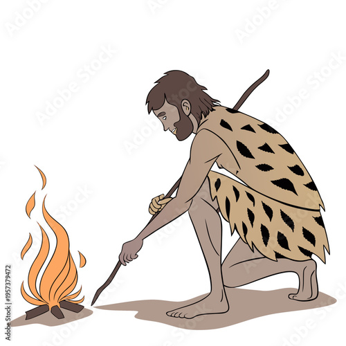Caveman starting a fire with stick and stone