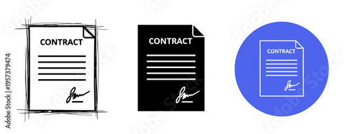 Contract icons: sketch, flat, and circular designs on white background