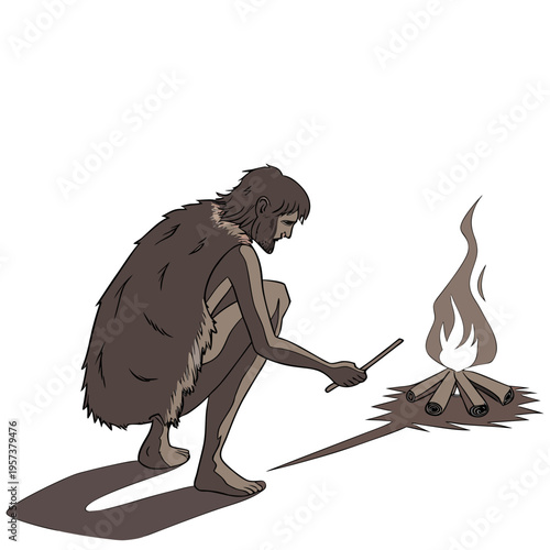 Caveman starting a fire with a stick and some logs