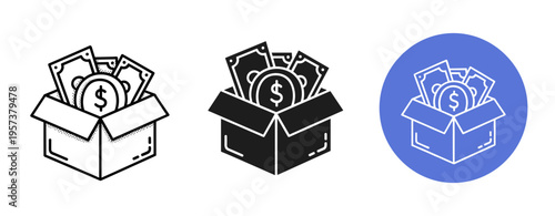 Icon set of dollar bills and coins in a box