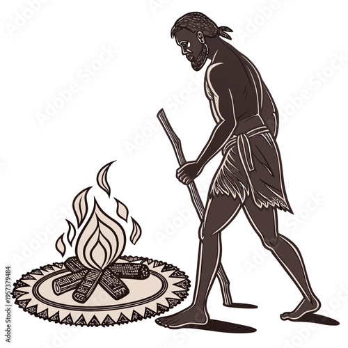 Ancient man in loincloth standing next to a campfire on a decorative fire pit
