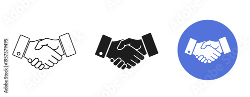 Three handshake icons in black, white, and blue circle