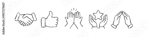 Hand-drawn sketch icons representing business cooperation, teamwork, and success, including handshake, thumbs up, high five, star reward, and protection hands on a white background.