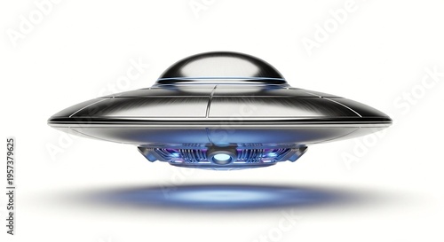 A futuristic silver UFO with blue lights hovers in the air against a white background