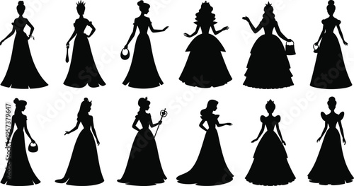 Elegant princess silhouettes collection, fairytale characters, royal women, gowns, fashion illustration, fantasy costume design set