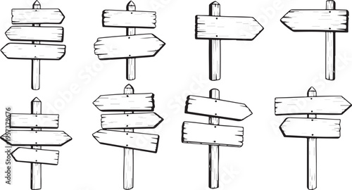 Set of old wooden blank cartoon sign boards, vector illustration