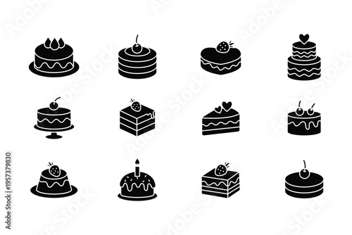 Complete Dessert Icon Pack  Cake Slices, Cupcakes, Wedding Cakes and Sweet Bakery Elements in Line and Silhouette Vector Illustration Set