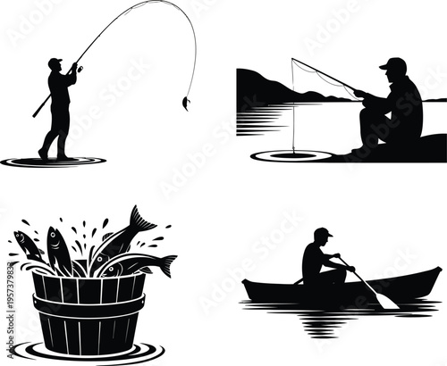Fishing Illustrations: Casting Silhouette, Angler by Lake, Fish Bucket Overflow, Man in Rowboat, Line Art