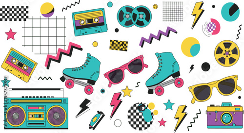 Retro 80s Pop Culture Elements Collection with Cassette Tapes, Roller Skates, Sunglasses, Boombox, and Neon Geometric Shapes for Vintage Design Projects.