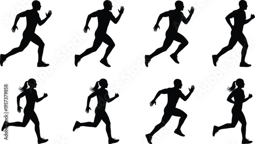 Running, silhouettes, men, women, jogging, sprint, athletes, fitness, motion, sport, training, exercise, speed, active, lifestyle, isolated, black, vector, illustration, set