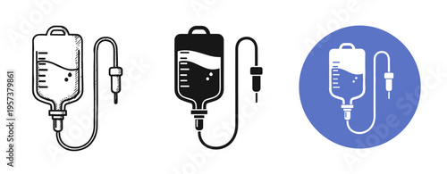 Medical iv drip icons: outline, silhouette, and blue circle designs