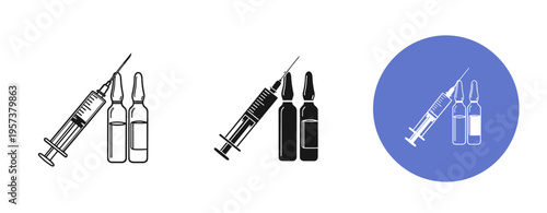 Black and white medical icons: syringe and ampoules for healthcare graphics