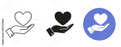 Hand holding heart symbols: black, outline, color variations