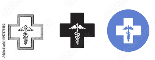 Medical caduceus symbols in black and white and blue circle variations