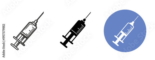 Medical syringe icons in line art, solid black, and minimalist blue circle