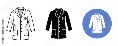 Medical lab coats: outline, silhouette, and blue background variants