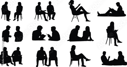 Silhouettes of people sitting and talking, diverse human poses, communication interaction, interview discussion, isolated on white background, lifestyle concept