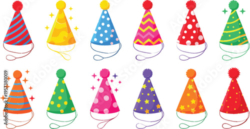 Colorful Party Hats Collection with Stripes, Dots, Stars, and Sparkles for Birthday Celebrations, Festive Events, and Party Decorations