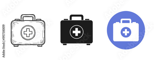 Minimalist first aid kit icons: sketch, solid, and blue variations