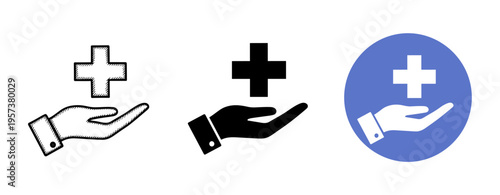 Set of medical icons featuring hand holding plus symbol in different styles