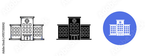 Black and white hospital icons collection with blue circle variation