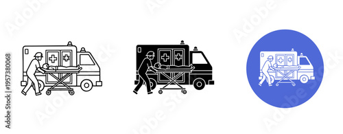 Ambulance team icons: paramedics loading stretcher into vehicle in three styles