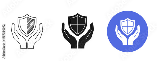 Shield and hands icons: line, solid, and colored variants