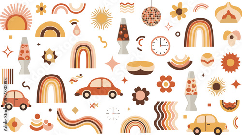 Retro 70s Style Elements Collection with Rainbows, Flowers, Cars, Lava Lamps, and Vintage Decorative Shapes for Nostalgic Design Projects.