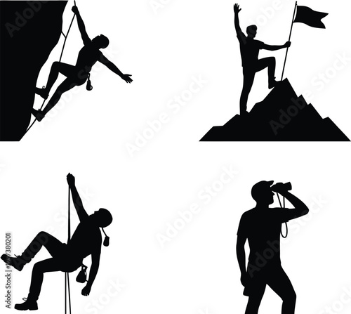 Climbing and Hiking Silhouettes: Rock Climber, Summiting Figure, Rappelling Man, Explorer with Binoculars, Black And White