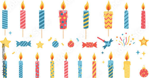 Birthday Candles and Celebration Decorations Collection with Colorful Stripes, Dots, Stars, Balloons, Confetti, and Party Element