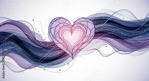 Heart symbol with swirling purple and blue waves on white background representing love and emotion in a stylized abstract design