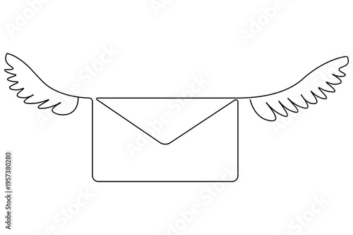 A minimalist continuous one line drawing of a flying envelope with wings, symbolizing fast delivery, electronic mail, and freedom of communication on a clean white background.