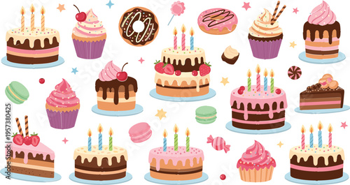 Sweet Treats and Delicious Desserts Collection Featuring Cupcakes, Cakes, Donuts, Macarons, and Colorful Candies with Creamy Frosting, Candles, and Toppings for Celebrations and Party Designs