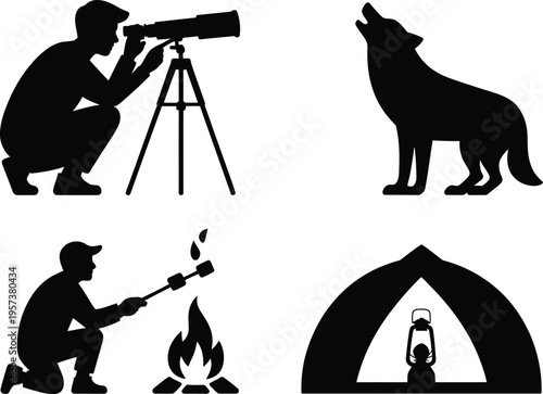 Outdoor Activities Silhouettes: Telescope Viewing, Roasting Marshmallows, Wolf Howling, Tent Camping, Black And White