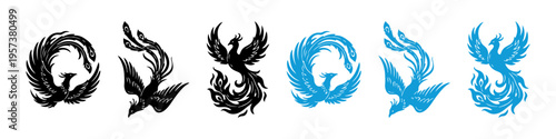 Set of stylized phoenix bird logo icons in black and blue. Mythical firebird illustrations with elegant feathers, symbol of rebirth and immortality. Vector design on white background.
