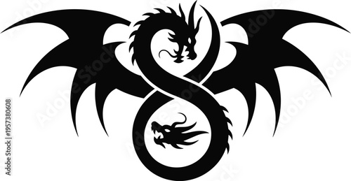 Intricate Black Silhouette of Two Dragons Intertwined in an Infinity Symbol, Evoking Myth and Ancient Power, Dragon Head