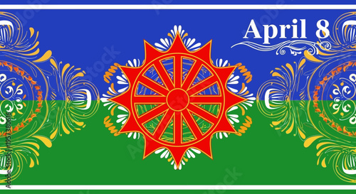 Intricate red dharma chakra motif with folk art floral patterns in blue and green, April 8 date, isolated on transparent background