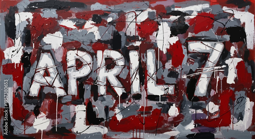 Abstract expressionist painting with bold letters spelling 'APRIL 7', textured red, white, and grey paint, isolated on transparent background