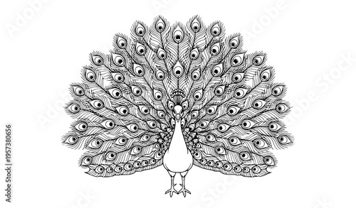 Peacock black and white vector illustration with detailed fanned tail feathers isolated on white background