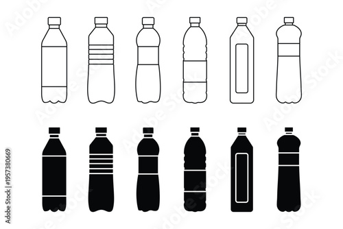 Large Set of Plastic Bottle Silhouettes and Outline Icons  Water, Soda, Juice Beverage Containers Vector Collection Isolated on White Background