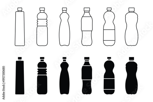 Large Set of Plastic Bottle Silhouettes and Outline Icons  Water, Soda, Juice Beverage Containers Vector Collection Isolated on White Background